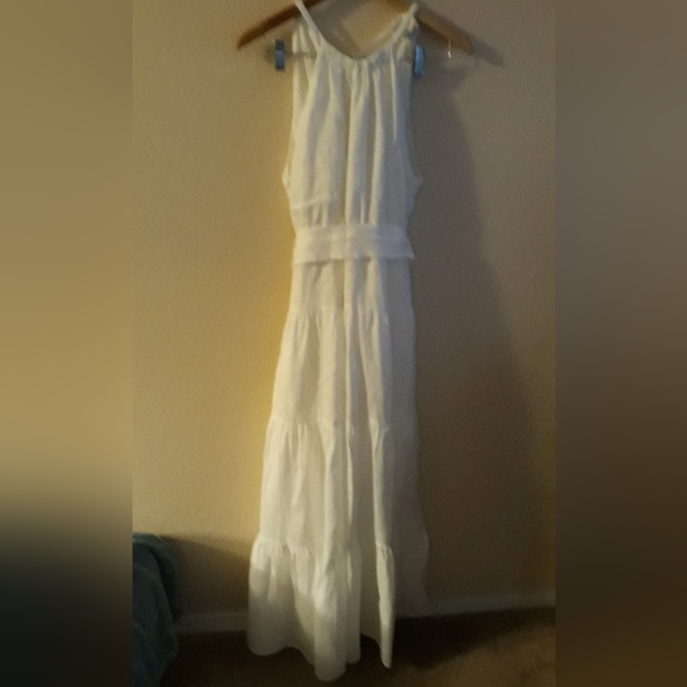 Zara White Linen Halter Tiered Maxi Dress Size XS
